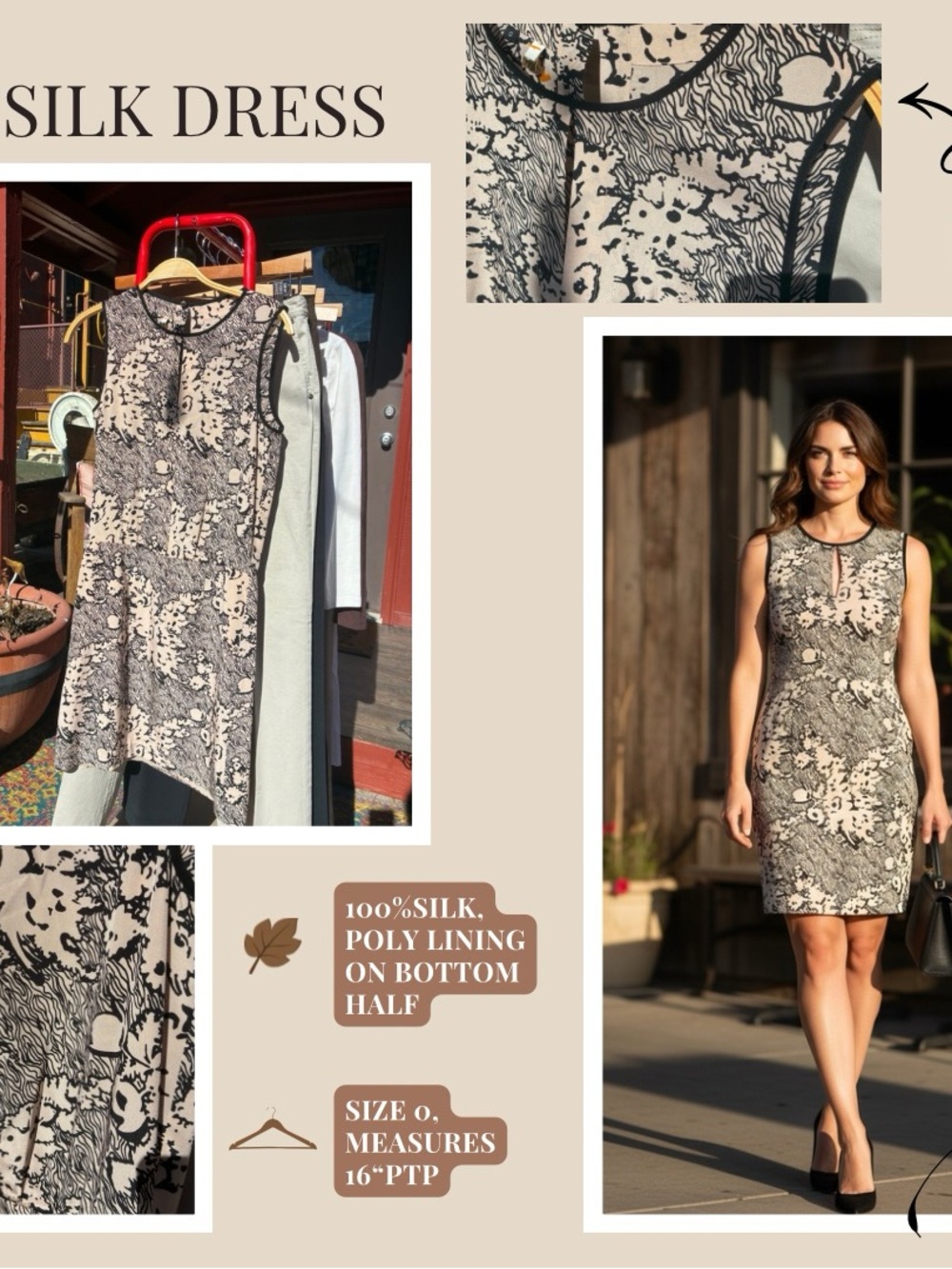 Sleeveless Silk Floral Sheath Dress - Black & Cream